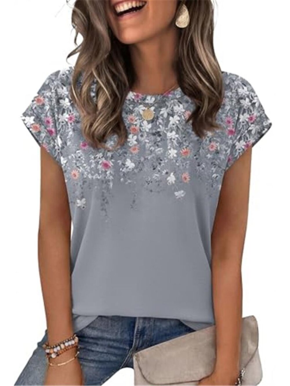 Womens Cap Sleeve T Shirt Crew Neck Loose Fit Casual Glitter Short Sleeve Blouse
